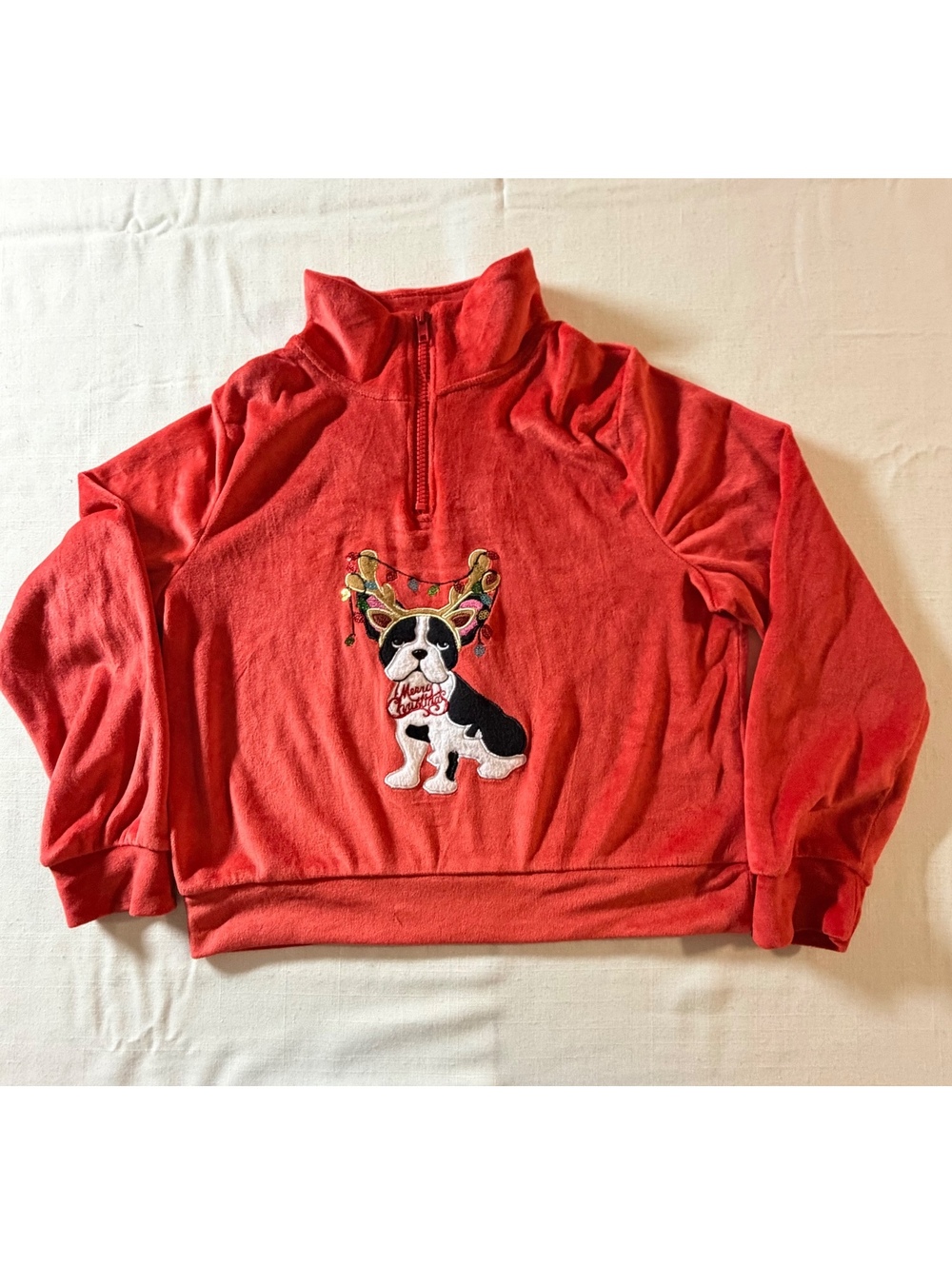 Poof girl Large Red Polyester Christmas Pullover with Festive Dog Applique